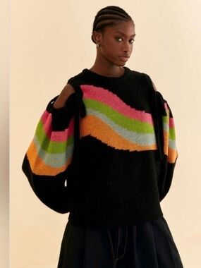 FARM Rio Open Shoulder Black Sweater with Colorful Stripes, Size XL, NWT